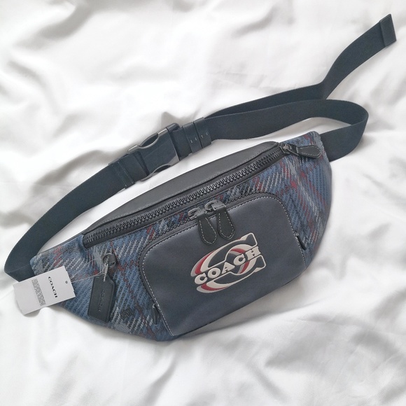 New Coach Track Belt Bag With Plaid Print And Coach Stamp Midnight CH109 $378